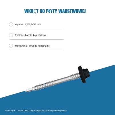 Wkręt do płyty warstwowej Info-GLOBAL AR6 W CSG 5,5/6,3×65 mm, kolory RAL, 100 szt.